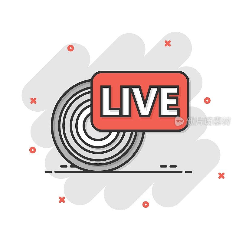 Live broadcast icon in comic style. Antenna vector cartoon illustration on white isolated background. On air business concept splash effect.